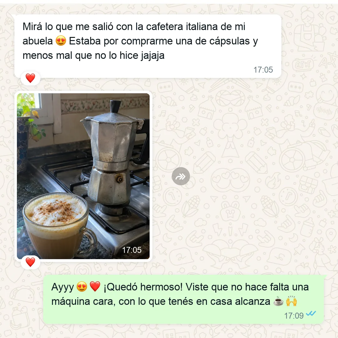 TESTIMONIO: captura real de WhatsApp 3 de 8 — pensó que iba a necesitar una cafetera cara y no hizo falta